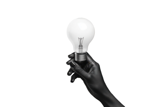 Black hand holding lightbulb idea innovation bright future isolated on a transparent background