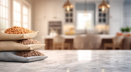 a close up view of 2 or 3 bags of dog food sitting on a kitchen countertop with a background of an out of focus full luxury kitchen or living area.