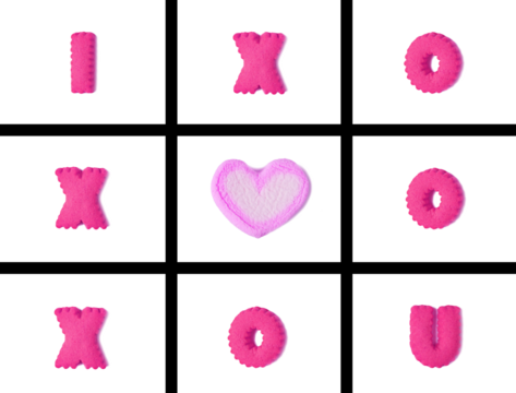 Hot Pink Typography of I LOVE U in Tic Tac Toe Game made with alphabet shaped cookies and marshmallow on transparent background, png file