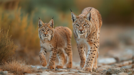 Fototapeta premium Iberian lynx, Lynx pardinus, mother with young kitten, wild cat endemic to Iberian Peninsula in southwestern Spain in Europe. Rare cat walks in the nature habitat. Lynx family, nine month old cub