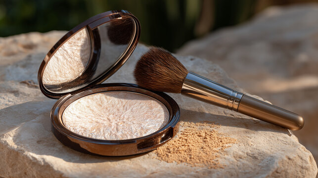 Sparkling bronzer compact opened on a sleek glossy surface, soft makeup brush resting beside it, fine bronzing powder scattered like golden dust, reflecting warm light, evoking bea