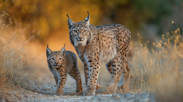 Iberian lynx, Lynx pardinus, mother with young kitten, wild cat endemic to Iberian Peninsula in southwestern Spain in Europe. Rare cat walks in the nature habitat. Lynx family, nine month old cub