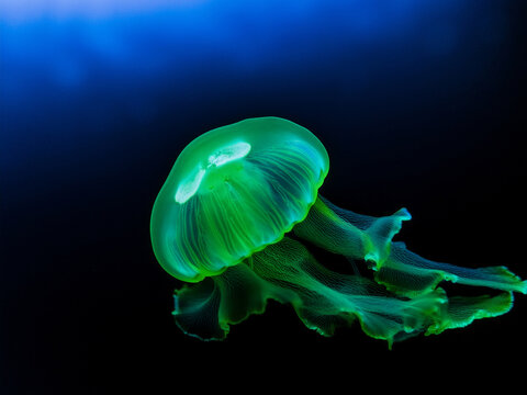 Artistic photo of green jellyfish glowing softly in a dark aquatic environment
Jellyfish floating in deep ocean with illuminated green body and trailing tentacles - Powered by Adobe