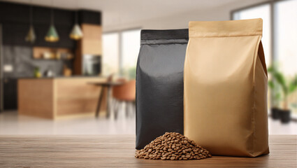 a close up view of 2 or 3 bags of dog food sitting on a kitchen countertop with a background of an out of focus full luxury kitchen or living area.