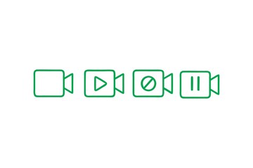 Four Green Outlined Video Camera Icons Displaying Record, Play, Stop, and Pause Functionalities, Representing Media Player Controls and Video Recording Options