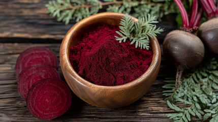 Top-down view of red beetroot powder heaped in wooden bowl, surrounded by fresh beet slices and herbs, symbolizing the connection between natural produce and functional culinary su