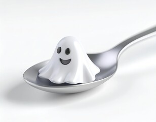 3D cute ghost face icon lying on a spoon, Halloween-themed, minimal white or blurred background