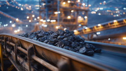 Slow-motion visual of crushed coal shifting along a rubber conveyor inside a vast mining complex, metallic echoes and distant machinery framing the energy-heavy atmosphere