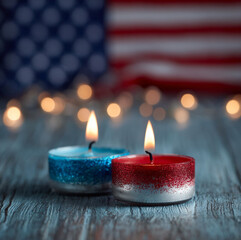 candles with 4th of july theme in the background, flag american on background with candles