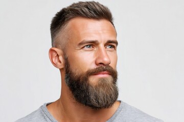 Obraz premium Handsome bearded man looking up on white background