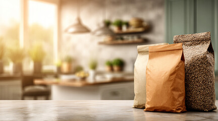 a close up view of 2 or 3 bags of dog food sitting on a kitchen countertop with a background of an out of focus full luxury kitchen or living area.