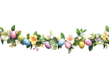 Decorative Easter garland featuring colorful eggs and spring details perfect for seasonal celebration themes isolated on transparent background PNG