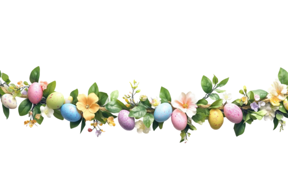 Decorative Easter garland featuring colorful eggs and spring details perfect for seasonal celebration themes isolated on transparent background PNG
