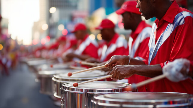 Energetic Trinidad drummers perform in vibrant red uniforms during Trinidad and Tobago Independence Day street parade celebration