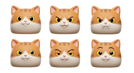 Six orange and white cat faces with varying expressions