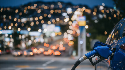 Evening fuel stop captured with crystal clarity, blue gas nozzle connected to a hybrid car, warm bokeh from station signage and traffic creating a modern energy aesthetic