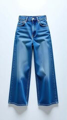 Blue wide-leg denim jeans laid flat. Top-down view of classic casual trousers isolated on a white background, perfect for fashion e-commerce, catalogs, or apparel mockups.