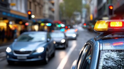 Police car with flashing lights on busy city street during traffic congestion