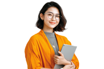 Young woman holding tablet smiling orange jacket technology professional isolated on a transparent background