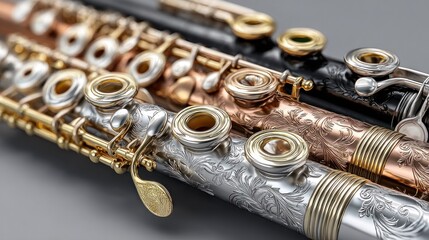 Obraz premium A Symphony of Metallics: Ornate Flutes Displaying Exquisite Engraving