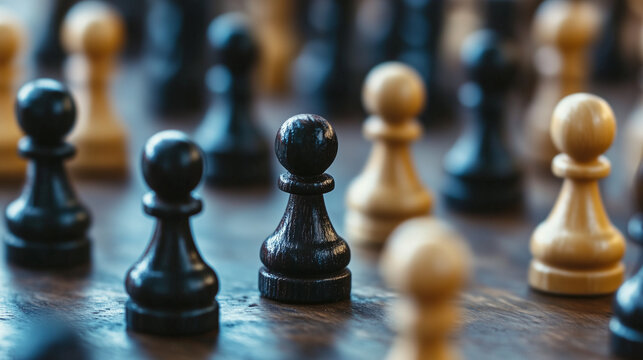 Strategic chess game setup showcases black and white pawns on a wooden board, highlighting strategy and competition.