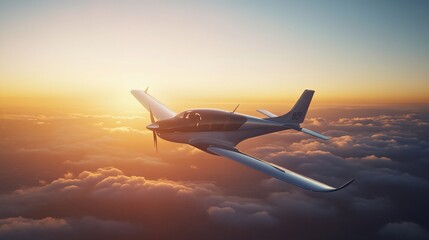 Single Engine Aircraft Flying High Above Clouds During Golden Sunset Hour
