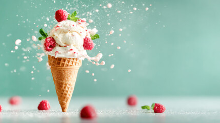 Ice cream cone with scoops of vanilla and raspberry, splashes of cream and berries, creating a vibrant and refreshing dessert scene