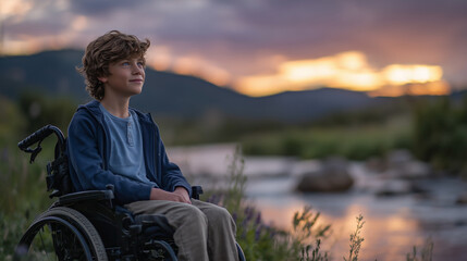 Young disabled boy with curly hair sits by a riverbank in wheelchair, sun setting behind distant hills, water reflecting vibrant amber and crimson tones, a moment of quiet freedom
