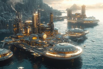 A massive floating city powered by renewable energy, showcasing a futuristic vision of sustainable industrialization on the ocean