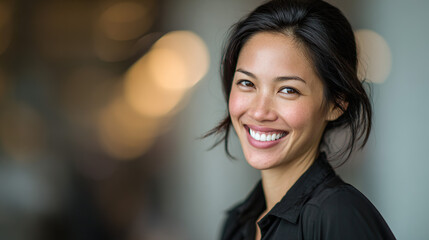 Obraz premium Confident Asian professional smiling warmly, embodying success and approachability in modern workplace