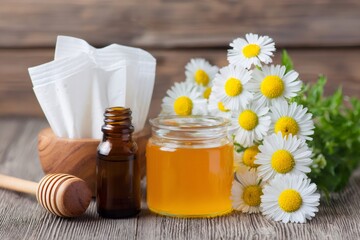 Honey, chamomile flowers, essential oil and tissues on wooden table promoting wellness