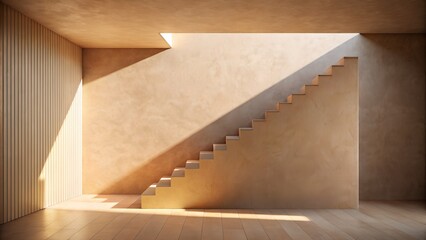 Sunlight streams into a minimalist interior with stairs and a wooden wall