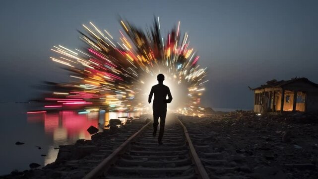 Silhouette of a man running on train tracks amidst exploding light or fireworks show