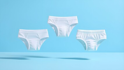 Three styles of white children's underwear floating in a row over a clean blue background. This minimalist banner is perfect for advertising kids' apparel, comfort, and hy