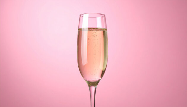 Carbonated drink in champagne glass on pink backdrop. Delicious alcoholic beverage.