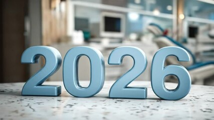 Animated blue 3D numbers 2026 standing on a marble surface inside a modern dental or medical clinic. The idea of health in the coming year. - Powered by Adobe