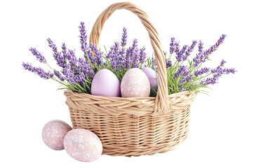 Beautiful Easter basket filled with fresh lavender flowers arranged for spring celebration and decor themes isolated on transparent background PNG
