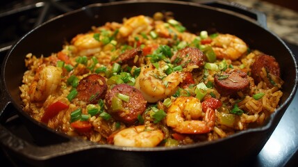Southern style jambalaya with shrimp sausage and rice served in hot skillet topped with chopped green onions
