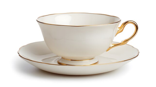 A white tea cup and saucer with gold trim on a white background.