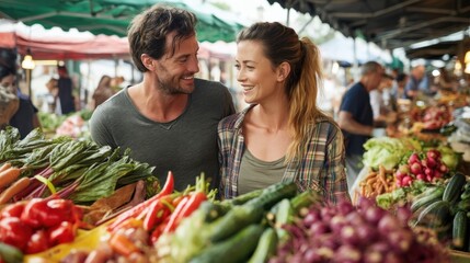 Happy couple shopping for fresh produce at a local farmers market