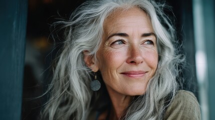 Portrait of a joyful mature woman with grey hair and serene expression