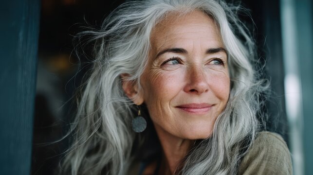 Portrait of a joyful mature woman with grey hair and serene expression - Powered by Adobe