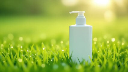 A blank white cosmetic pump bottle mockup sits in vibrant green grass with morning dew. The warm sunlight creates a beautiful, natural background for organic or eco-friendly beauty prod