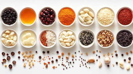 Small white bowls of various spices and herbs arranged in rows on a white surface