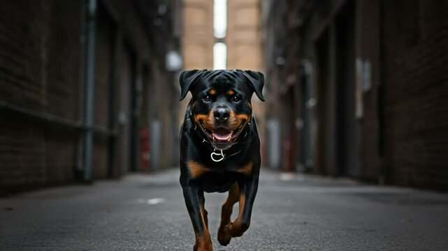 Rottweiler dog running happily in urban alleyway with brick walls  