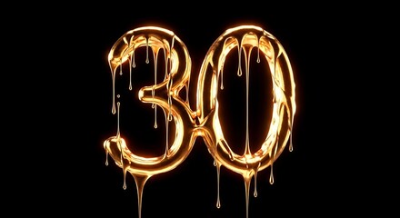 Golden Number 30 Dripping Liquid Gold, 3D Render