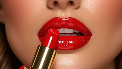 Extreme close-up of a woman applying classic red lipstick from a gold tube. Her perfect, glossy lips are slightly open, revealing white teeth. A luxury makeup and high-fashion b
