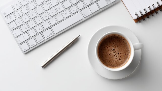 Minimalist workspace with coffee, keyboard, and stationery for productivity