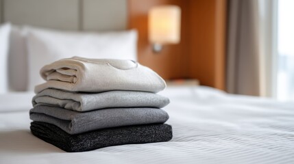 Neatly folded clothes placed on a white hotel bed in a cozy room