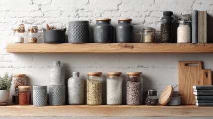 Rustic wooden kitchen shelves with jars, spices, and cooking essentials displayed neatly